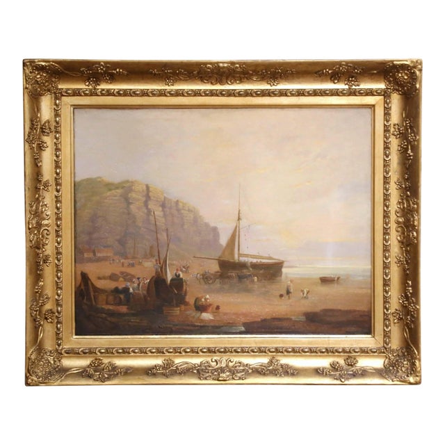 Mid-19th Century English Coastal Fishing Scene Oil Painting in Giltwood Frame For Sale
