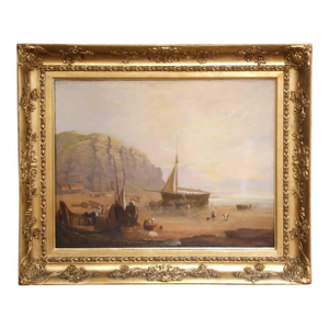 Mid-19th Century English Coastal Fishing Scene Oil Painting in Giltwood Frame