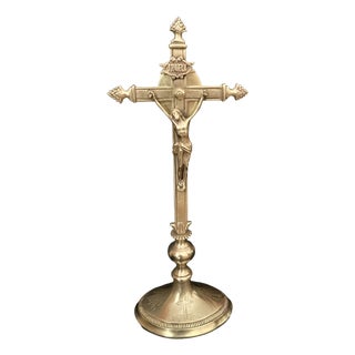 Antique French Vera Cruz Reliquary Crucifix in Brass, 1800s For Sale