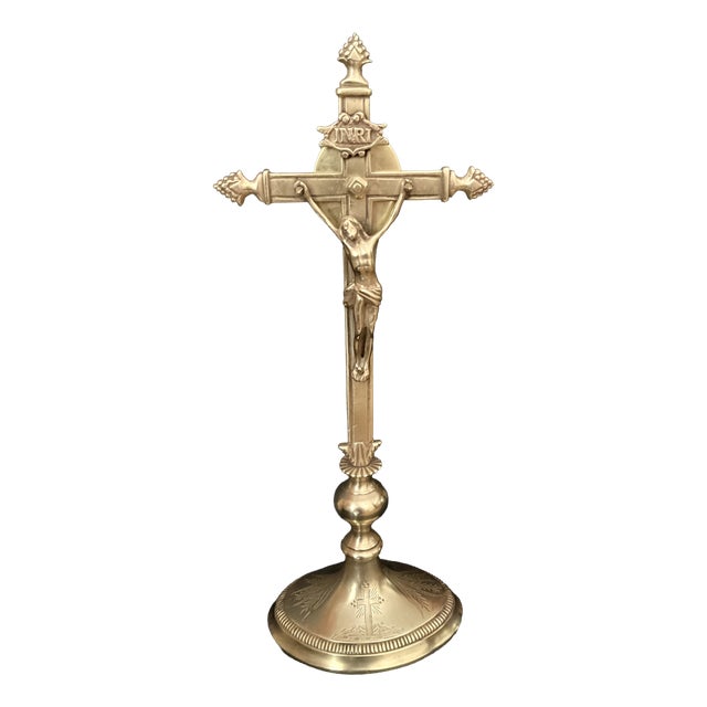 Antique French Vera Cruz Reliquary Crucifix in Brass, 1800s For Sale