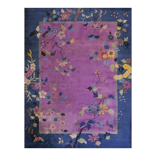 1920s Antique Purple Oriental Floral Chinese Handknotted Art Deco Wool Rug For Sale