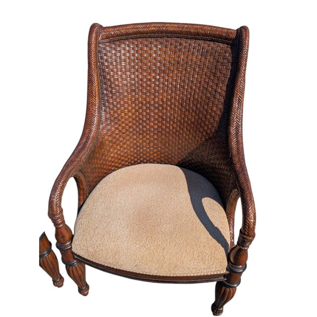 English Late 20th Century Set of 4 Marge Carson British Colonial Woven Rattan Armchairs For Sale - Image 3 of 14