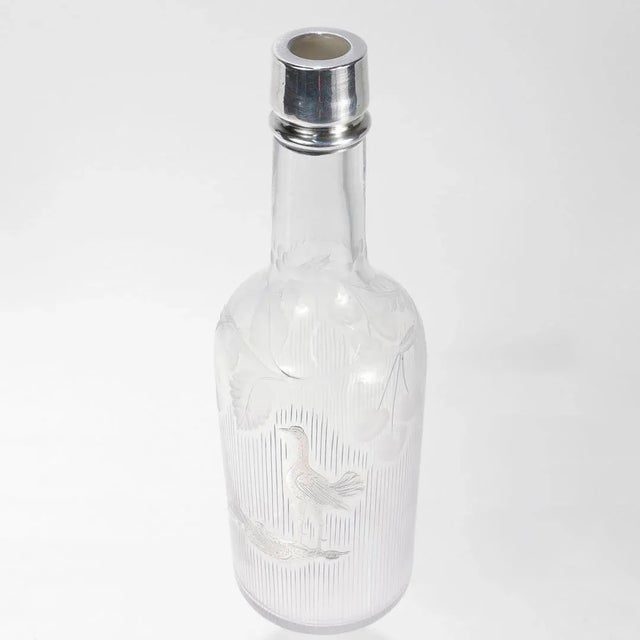 Glass Antique Cut Glass & Silver Overlay Fighting Cockerels/Game Cocks Bar Back Bottle For Sale - Image 7 of 11