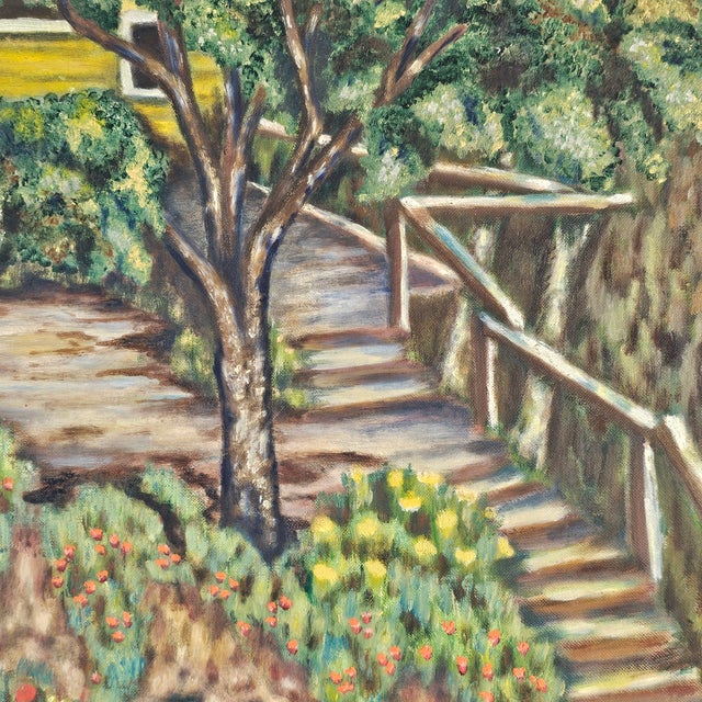 This is a gorgeous painting signed " Hayes". This striking portrait of a set of garden stairs is beautiful painting is...