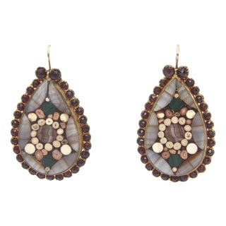 Vintage Inlay Agate, Quartz, Garnets Pierced Dangle Earrings , 1950's Pair Of For Sale