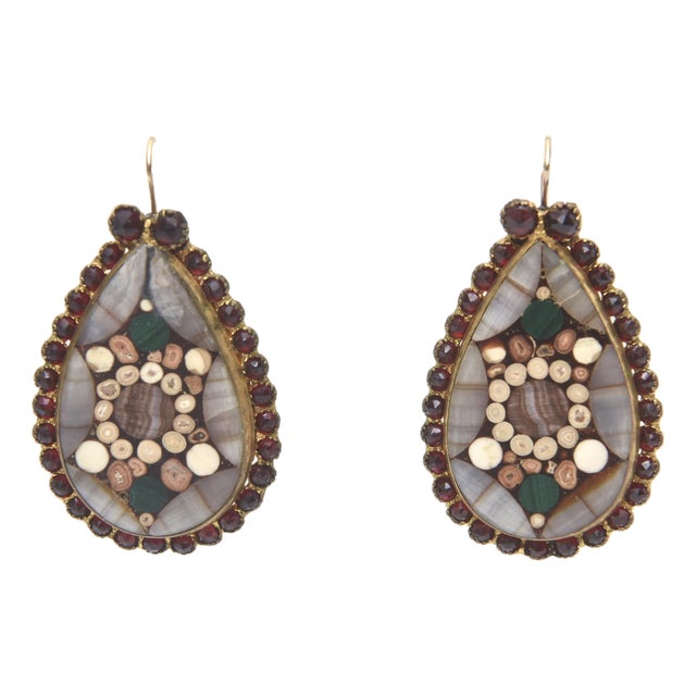 Vintage Inlay Agate, Quartz, Garnets Pierced Dangle Earrings , 1950's Pair Of For Sale