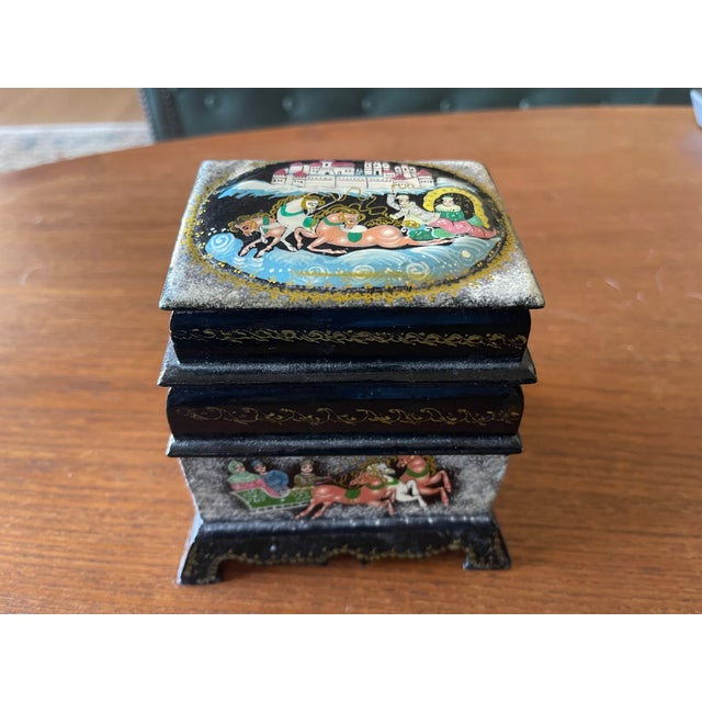 Farmhouse Vintage Palekh Lacquer Miniature "Troika" 3 - Tower Jewelry Box For Sale - Image 3 of 9
