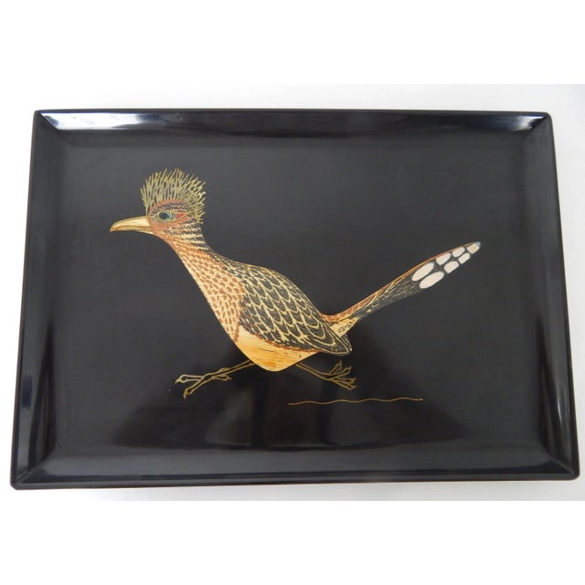 Mid-Century Couroc of Monterey Tray featuring and inlaid Roadrunner in motion. Original label intact on reverse (see...