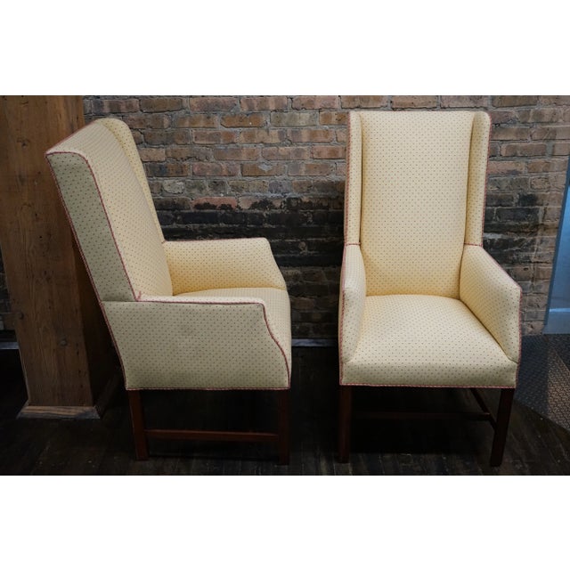 Chippendale Pair of Slim Upholstered Wingback Chairs Attributed to Kittinger For Sale - Image 3 of 10