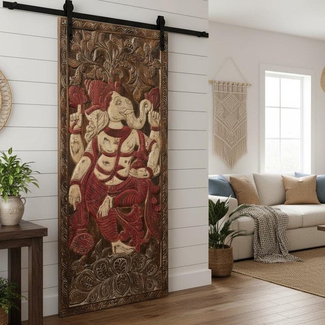 Wood Vintage Carved Blessing Ganesha Wall Art Sculpture – Handcrafted Indian Wooden Barn Door 83x36 For Sale - Image 7 of 7
