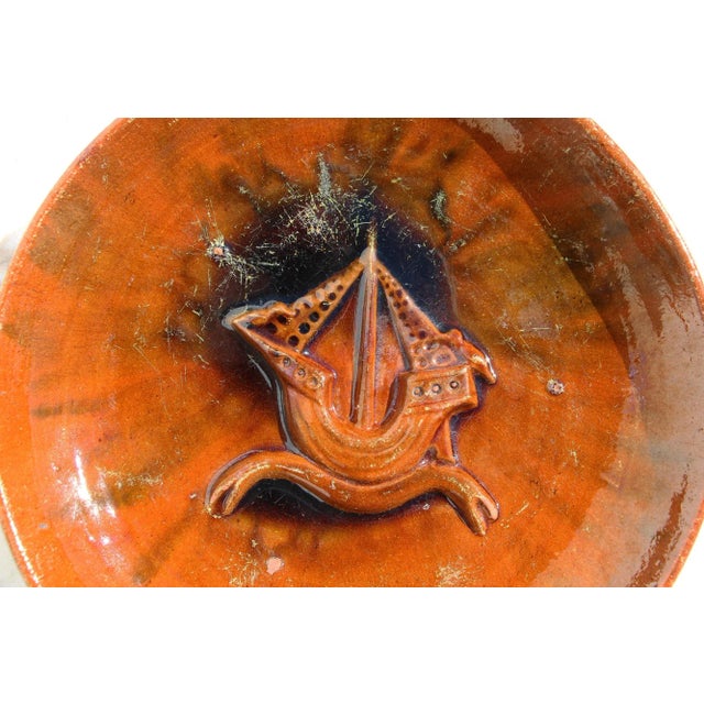Orange 19th Century Rare Portuguese Palissy Ware Wall Plate Depicting a Caravel For Sale - Image 8 of 13