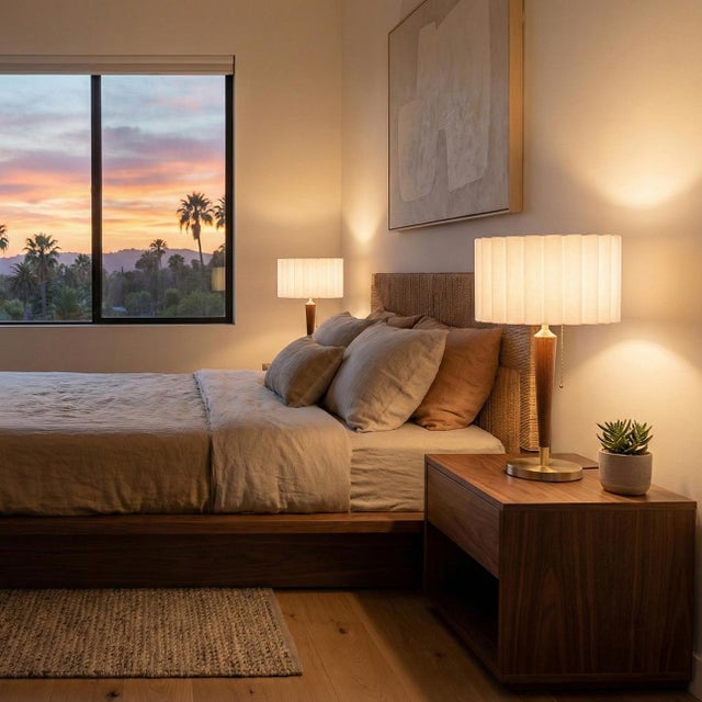 Mid-Century Modern Scalloped Table Lamp - Walnut, Weathered Brass, White Linen, on/Off Pull Chain For Sale - Image 3 of 6