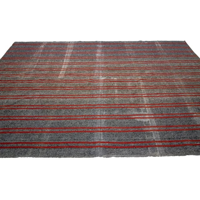 Contemporary 1960s Vintage Red & Gray Striped Kilim Rug- 7′ × 11′1″ For Sale - Image 3 of 7