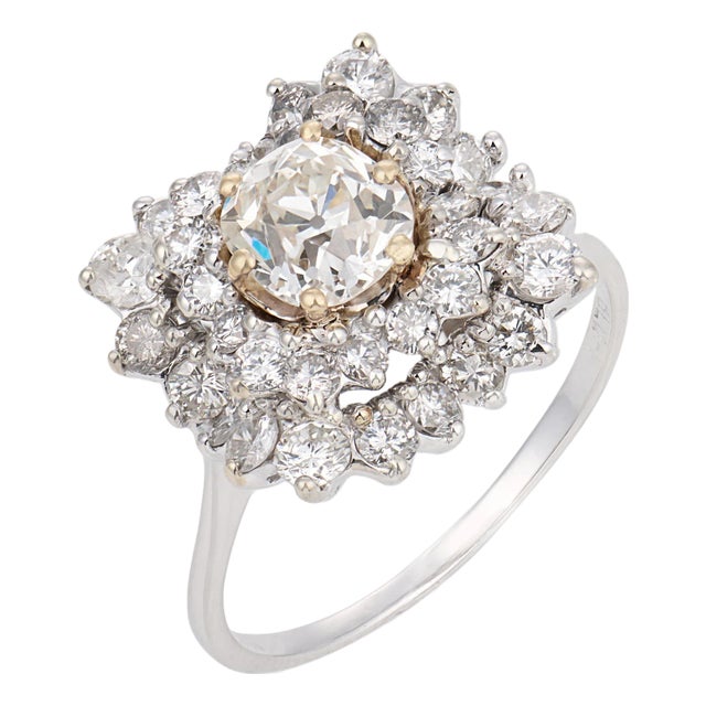 Vintage Gia 1.03 Carat Old Mine Cut Diamond Cluster 18k White Gold Ring, Size 6.5 For Sale