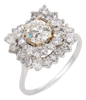 Vintage Gia 1.03 Carat Old Mine Cut Diamond Cluster 18k White Gold Ring, Size 6.5