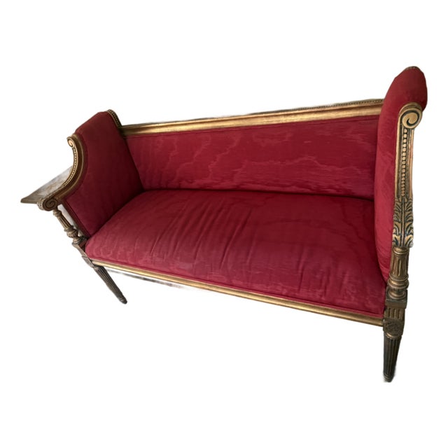 Lewis Mittman Carved Settee – Red Upholstery & Gilt Accents – Classic Regency Elegance For Sale