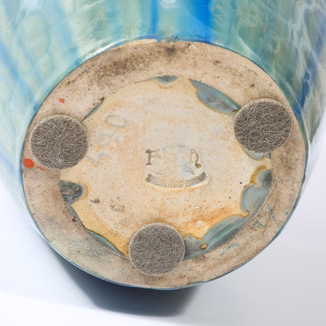 Art Deco Skyscraper Style Speckled Organic Blue Ceramic Vase Signed Pierrefonds For Sale - Image 11 of 13