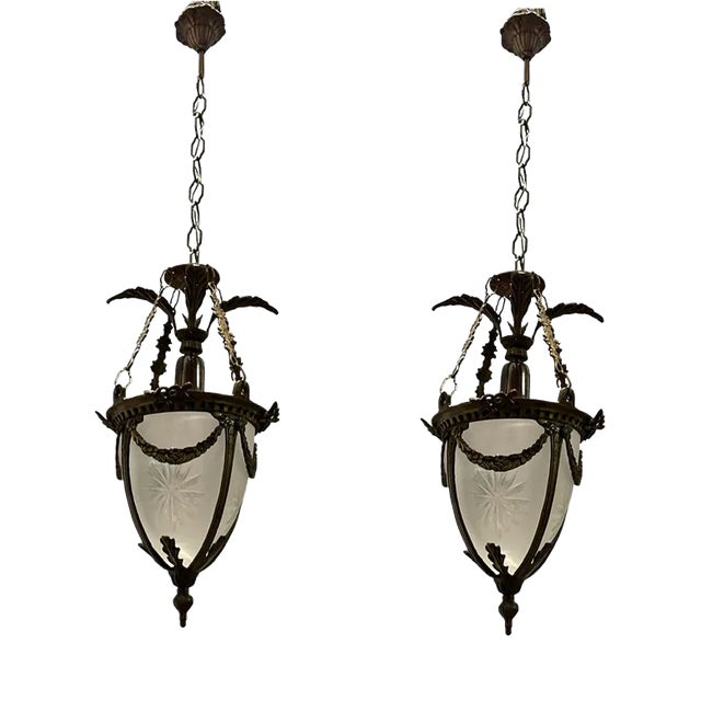 Bronze Etched Glass Light Pendants, 1970s, Set of 2 For Sale