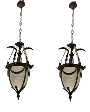 Bronze Etched Glass Light Pendants, 1970s, Set of 2
