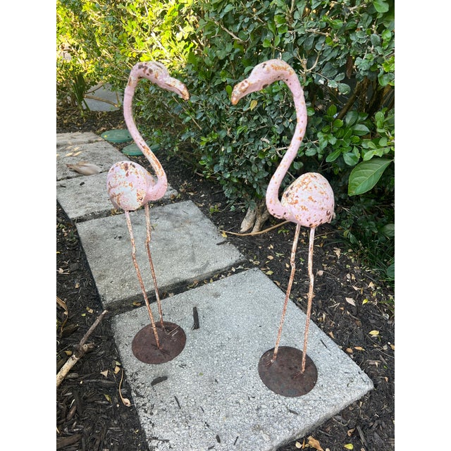 Pair of lovely zinc flamingo garden ornaments with nice base and lovely patina. Light pink original paint with patina as...