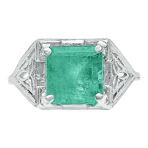 1930s 1.93 Carat Colombian Emerald Set in Art Deco Platinum Filigree Ring Size 8