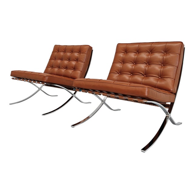 Barcelona Lounge Chairs in Tobacco Leather by Ludwig Mies van der Rohe for Knoll, 2010s, Set of 2 For Sale