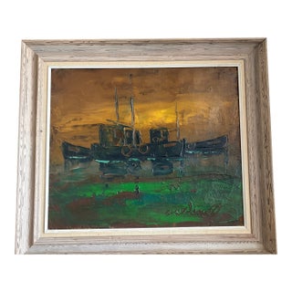 1950s Mid-Century Framed Impressionistic Marine Painting For Sale