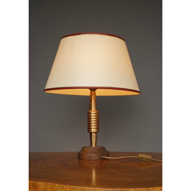 Mid-Century Modern Table Lamp with Turned Brass Stem and Wood Base, 1970s For Sale - Image 3 of 10