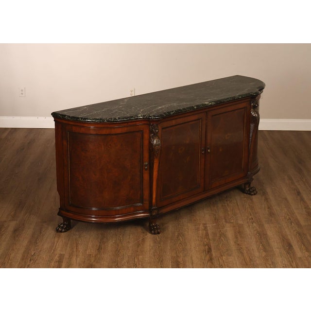 Impressive Traditional Style Mahogany Sideboard Featuring a Shaped Black Marble Top Above Burl Veneer Cabinet Doors with...