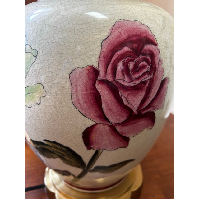 Brass 1980s Wildwood Large Floral Crackled Hand Painted Ceramic Table Lamp For Sale - Image 8 of 12