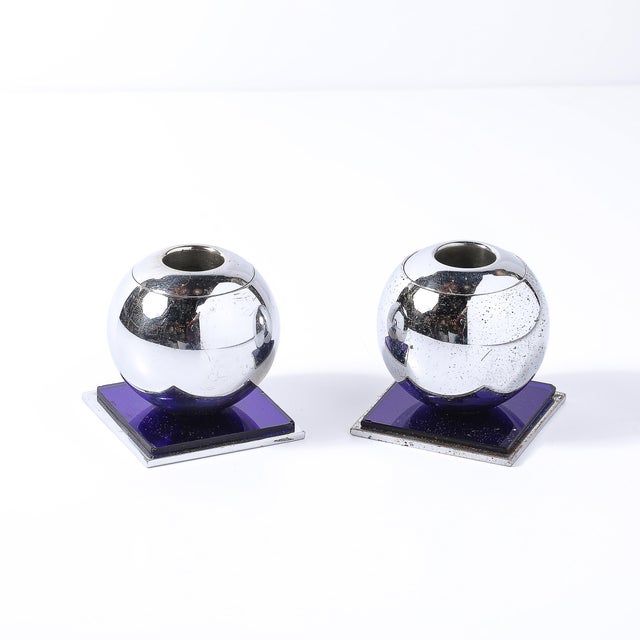 Chase Brass and Copper Company Art Deco Chrome & Cobalt Blue Glass Candleholders by Walter Von Nessen for Chase For Sale - Image 4 of 13