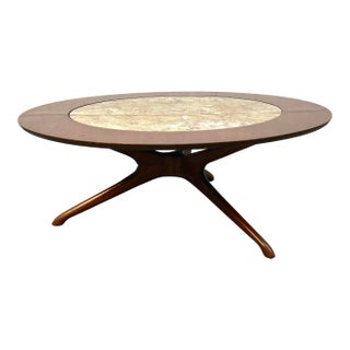 Mid-Century Modern Wood Coffee Table W/ Faux Marble Glass Top For Sale