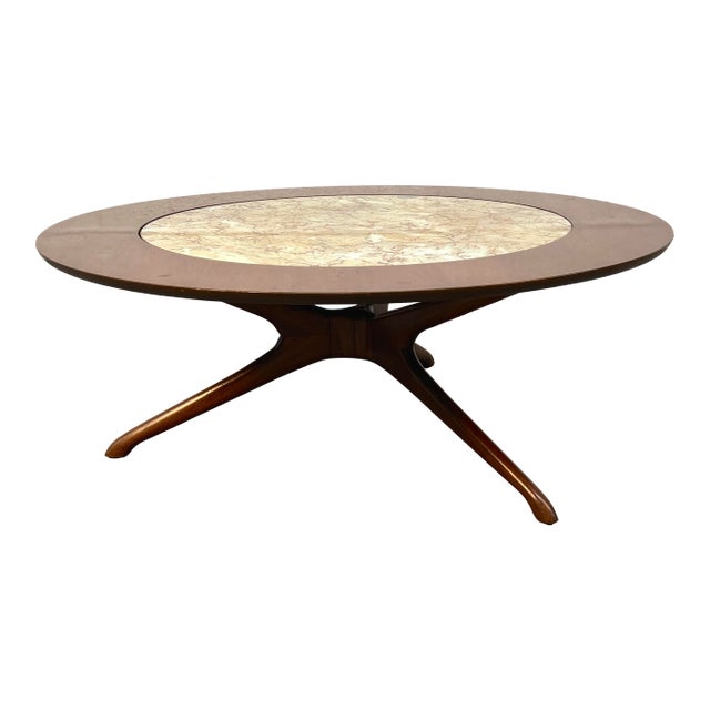 Mid-Century Modern Wood Coffee Table W/ Faux Marble Glass Top For Sale