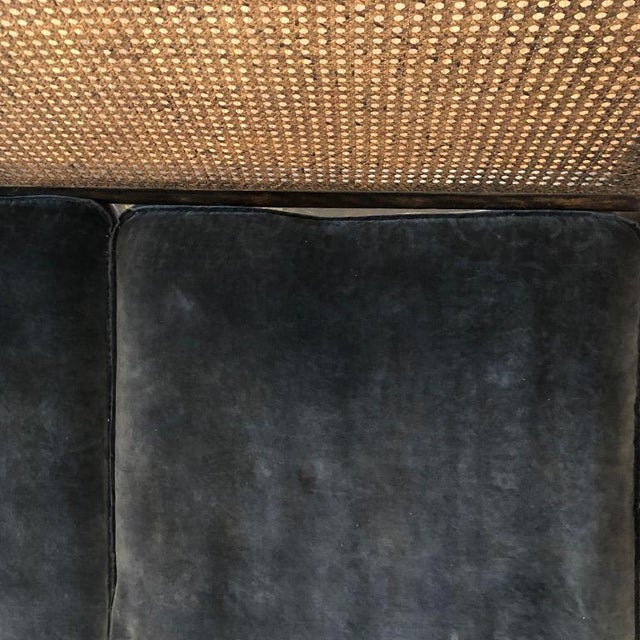 1900s Chippendale Colonial Style Cane Back Carved Wood Blue Fortuny Style Velvet Fabric Settee Antique Sofa or Daybed For Sale - Image 6 of 10