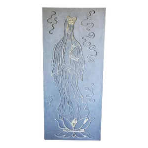 1960s Mid-Century Modern Large Carved Cement Stone Wall Sculpture Panel Welcoming Goddess/ Guan Yin by Tuttle