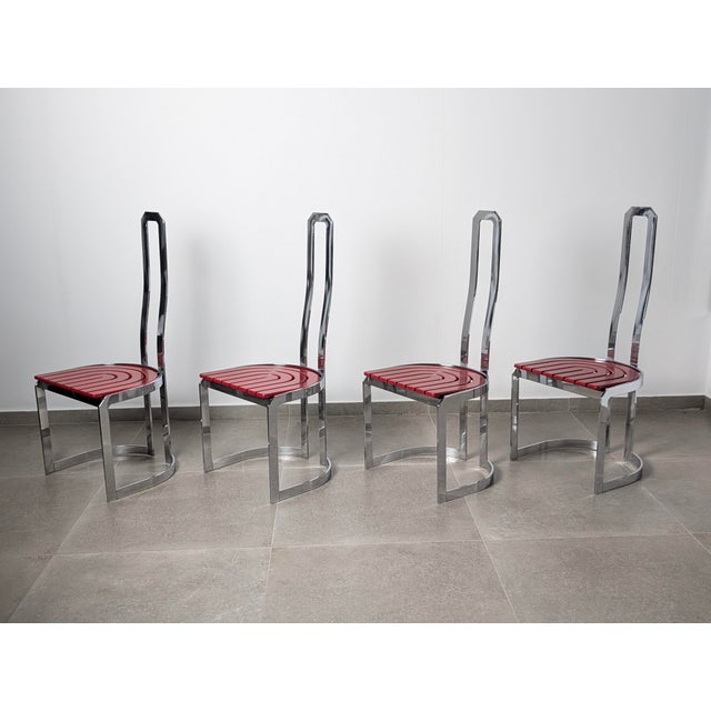 Postmodern Chairs in Chrome Steel and Red Wood, 1980s, Set of 4 For Sale - Image 12 of 12