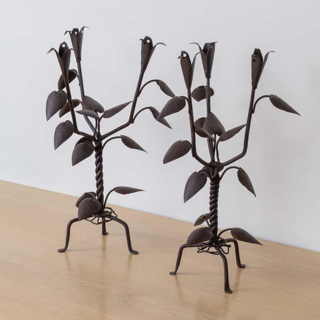 Metal 1930s Pair of French Iron Leaf Candlesticks For Sale - Image 7 of 14