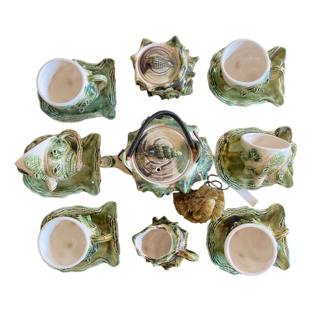 Brutalist Glazed Ceramic Shell Coffee Service for 6, Japan, 1950, Set of 15 For Sale