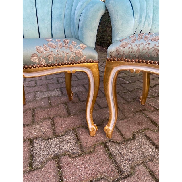 Wood 1980s Artisan Gilded Beech Louis XV Blue Side Chairs Pair For Sale - Image 7 of 10