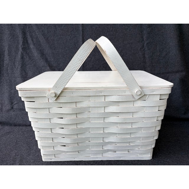 Antique White Vintage Painted Splint Wood Picnic Basket For Sale - Image 8 of 15
