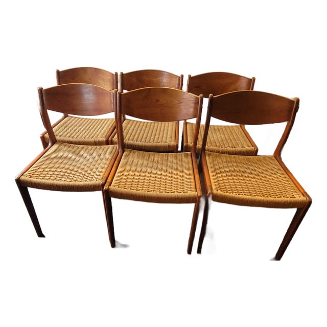 Mid Century Danish Teak Cord Seats Set 6 Chairs For Sale