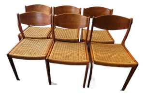 Mid Century Danish Teak Cord Seats Set 6 Chairs