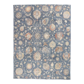 Vintage Modern Azure Oushak Rug - 09'09 X 12'09 For Sale