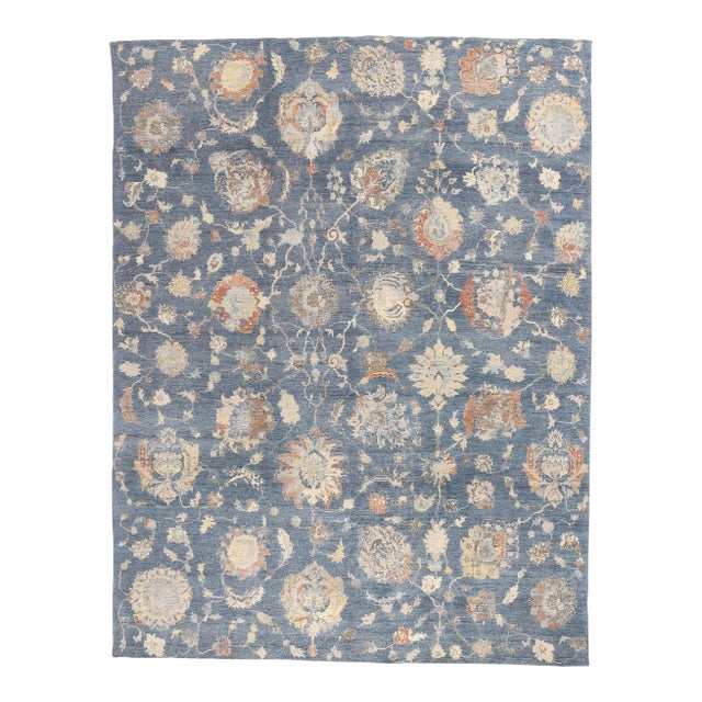 Vintage Modern Azure Oushak Rug - 09'09 X 12'09 For Sale