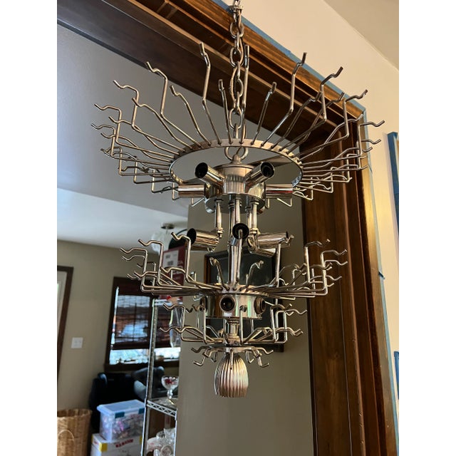 Venini Vintage Mid-Century Modern Italian Murano Glass Triedi Venini Chandelier in Silver Chrome For Sale - Image 4 of 12