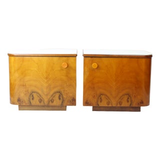 Bedside Tables in Walnut and White Glass, 1964, Set of 2 For Sale
