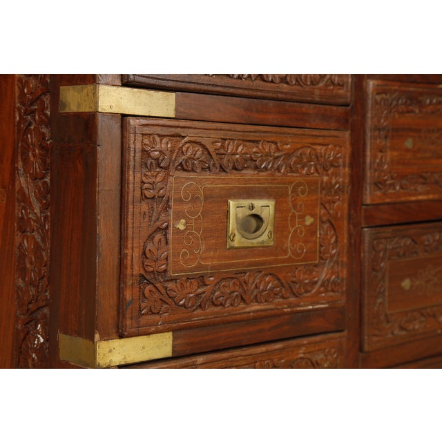 Vintage Campaign Style Inlaid Walnut Dresser Chest, Brass Inlay Carved Wood 10 Drawer Cabinet For Sale - Image 12 of 18