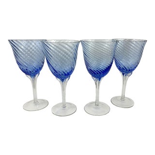 Late 20th Century Vintage Blue Swirl-Glass 6oz Wine Goblets, Set of 4 For Sale