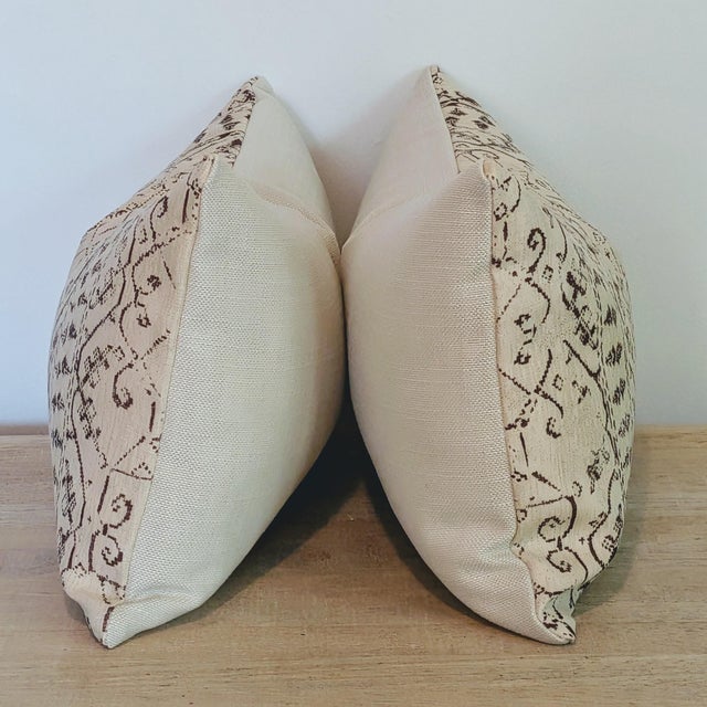 Soane Britain Symi hand print linen pillow in chesnut, with coordinating cream linen backs Invisible zippers and...