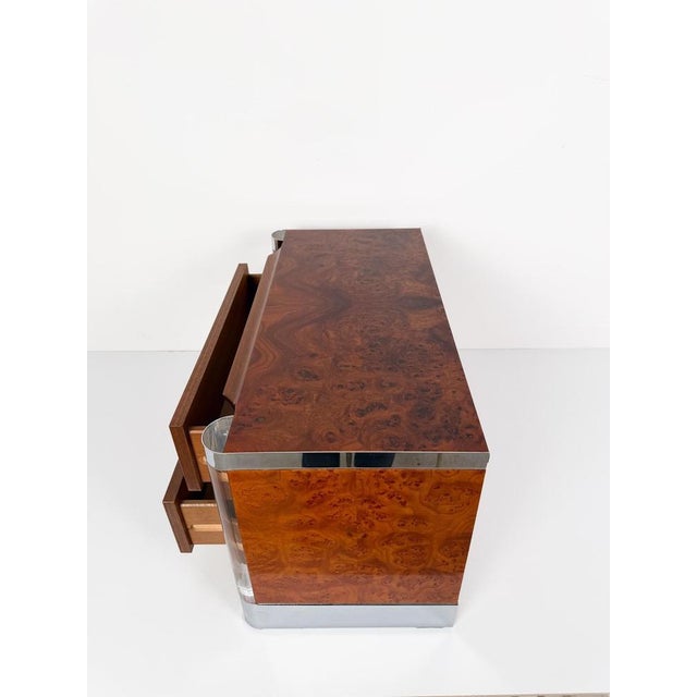 Mid-Century Burl Wood, Chrome and Acrylic Glass Nightstands, 1970s, Set of 2 For Sale - Image 6 of 18